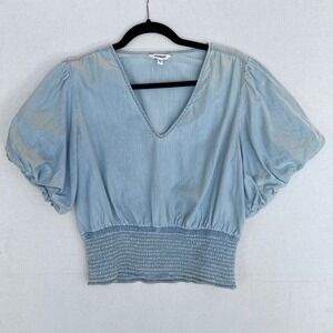 Express‎ Women's Blue Chambray Puff Sleeve Top Smocked Waist V-Neck Medium